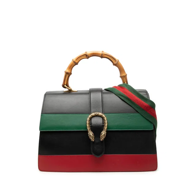 Black Gucci Large Calfskin Bamboo Dionysus Web Satchel in Black Calfskin from Designer Revival