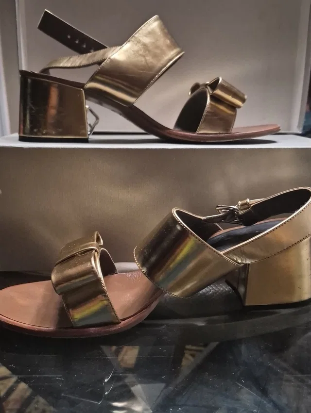Marni Metallic Gold Block Heel Sandals With Bow Accent in gold from Poshmark