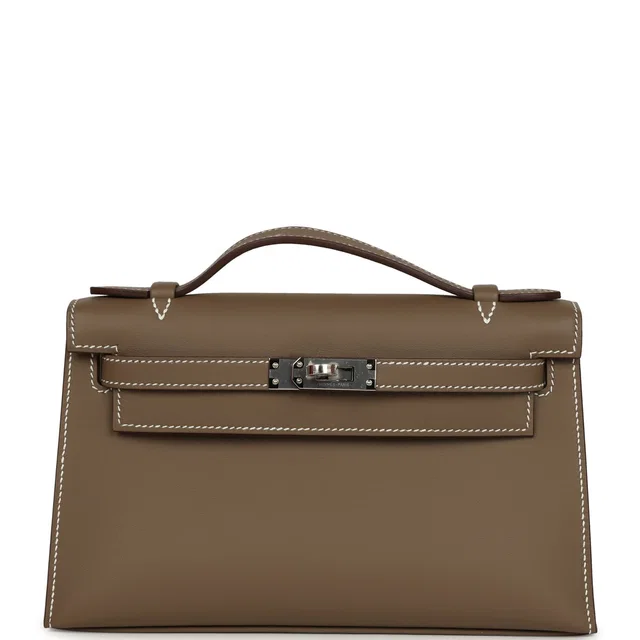 Hermès Kelly Pochette Etoupe Swift Palladium Hardware in Taupe Swift leather from Madison Avenue Couture