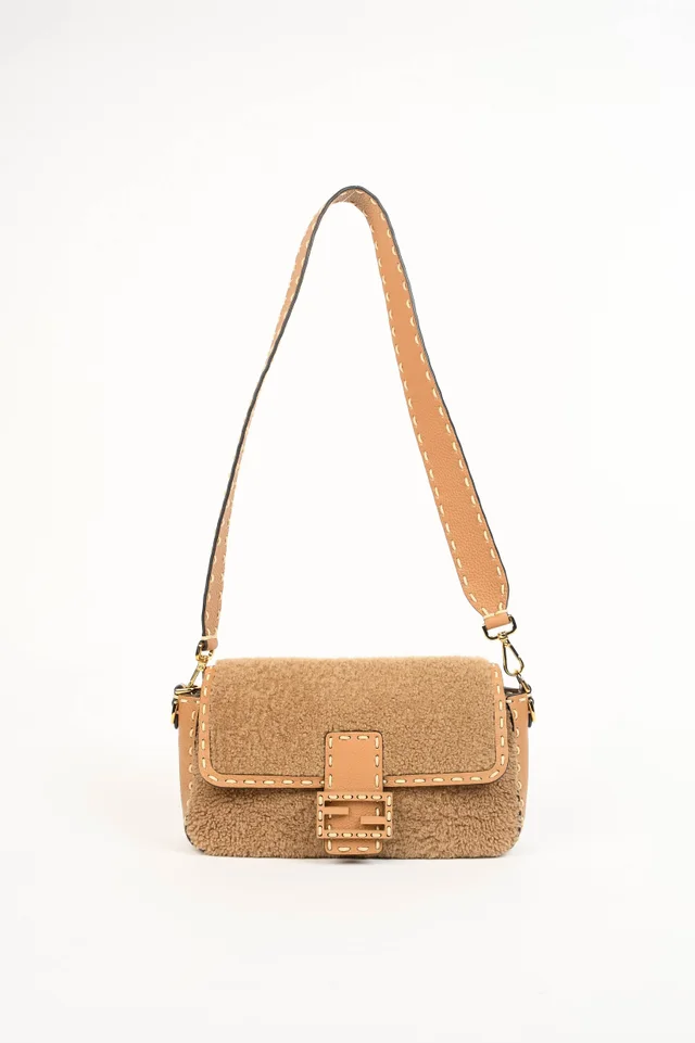 2020s Fendi Beige Shearling Selleria Baguette Crossbody Bag in Beige Canvas from Break Archive
