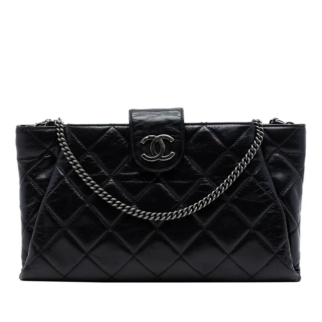 Black Chanel Quilted Glazed Calfskin Coco Pleats Chain Clutch Crossbody Bag in Black Calfskin from Designer Revival