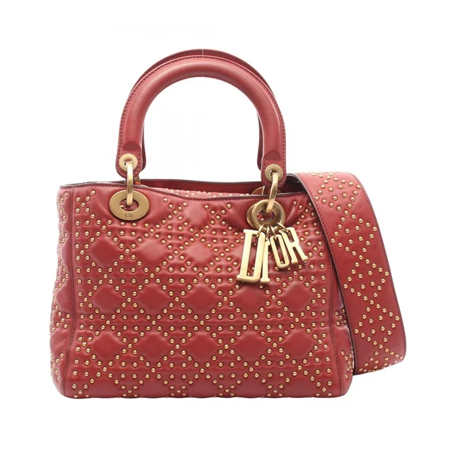 Handbag Lady Dior 2-Way Red Leather Studs Tote Bag in Red Leather from The Reluxe