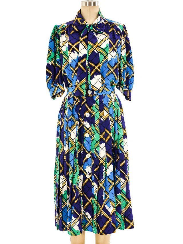 Saint Laurent Abstract Plaid Skirt Ensemble in Silk from Arcade Vintage