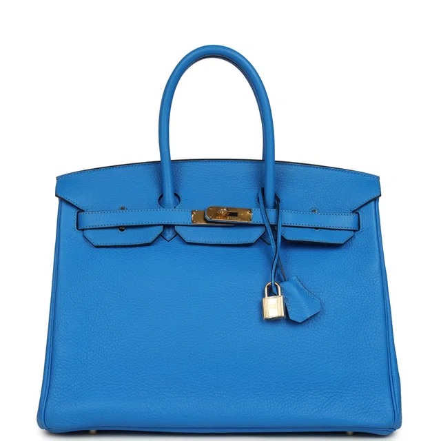 Hermès Birkin 35 Bleu Hydra Clemence Gold Hardware in Blue Clemence leather from Madison Avenue Couture