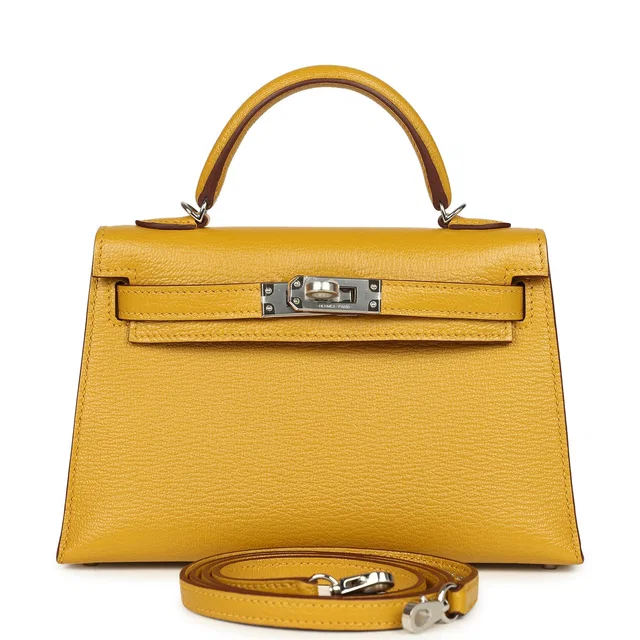 Hermès Kelly Sellier 20 Jaune Ambre Verso Chèvre Mysore Palladium Hardware in Yellow Goatskin from Madison Avenue Couture