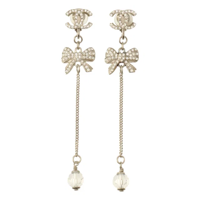 Chanel 2007 Rhinestone Ribbon Motif Swing Earrings Silver in Silver from VINTAGE QOO TOKYO