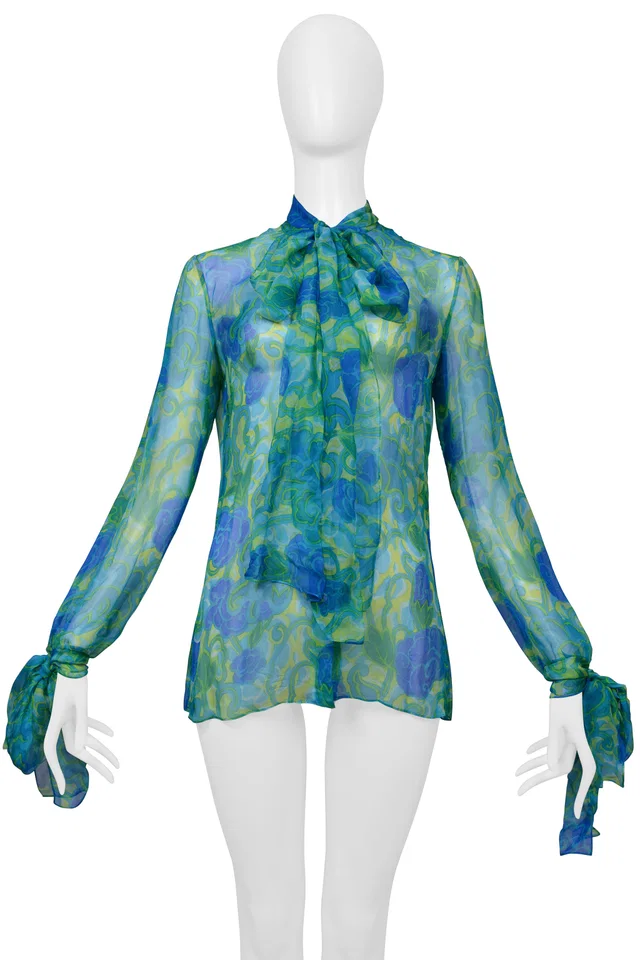 Dolce & Gabbana Blue & Green Floral Chiffon Pussy Bow Blouse in Blue Silk from Resurrection Vintage