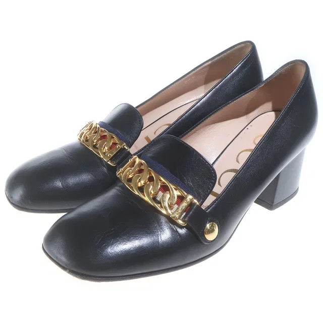 Gucci Sylvie Gold Chain Tricolor Wedge Heels Pumps Black in Black from The Reluxe