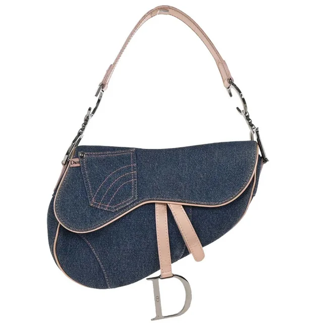 Dior Navy Pink Denim Saddle Handbag in Navy Denim from AMORE Vintage Tokyo
