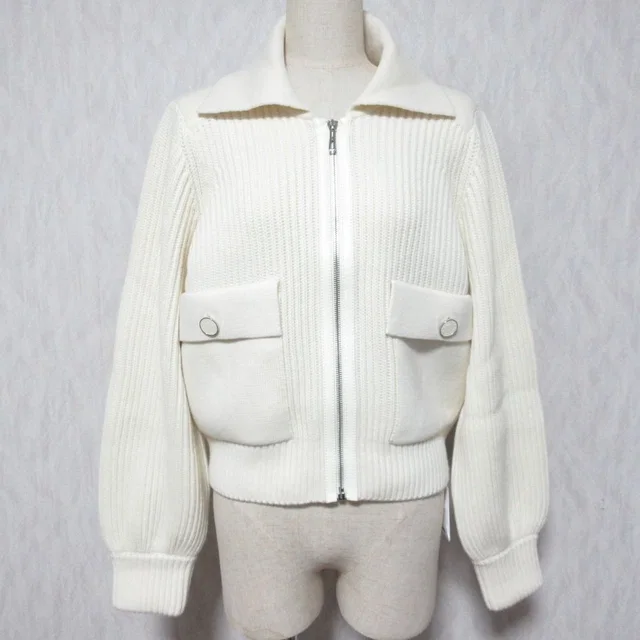 Hermès Pearl Knitted Rib Knit Zip Jacket 38 Off White in White from The Reluxe