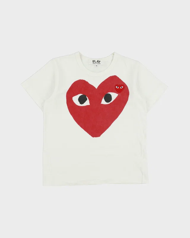 Comme des Garçons PLAY Women's Double Peeping Heart Heavyweight Single Stitch Crewneck Baby T-Shirt - M from Rokit Vintage