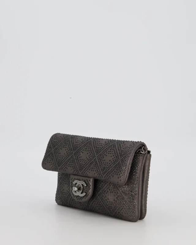 Chanel Grey Embellished Rhinestones Mini Flap Bag in Suede Leather With Gunmetal Hardware in Grey Suede from Sellier, photo 8 of 19
