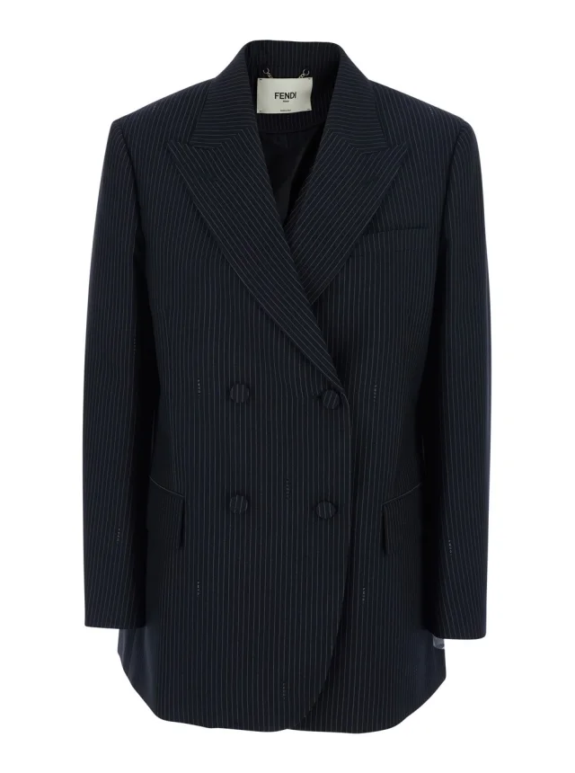 Blue Double-breasted Jacket with Peak Revers and Pinstripe Motif in Wool Blend Women in Blue, image 1 of 1 from Gaudenzi Boutique