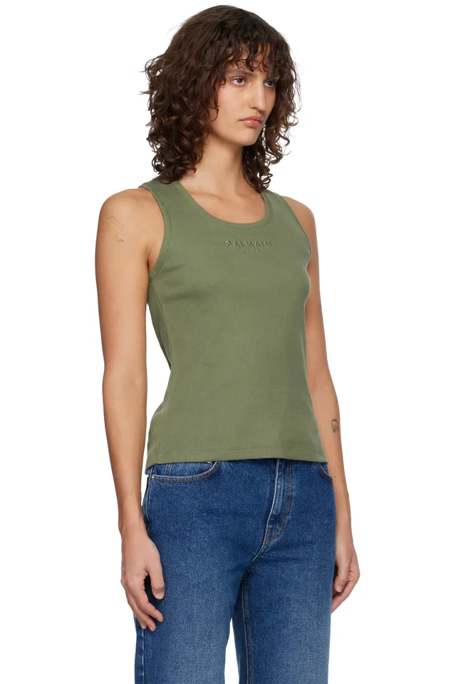 Khaki 'Balmain Paris' Jersey Tank Top, photo 2 of 4 from SSENSE