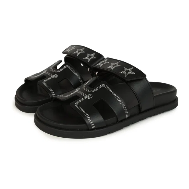 Hermès Embroidered Chypre Techno Sandals Black Calfskin Palladium Hardware 36 EU in Black Calfskin from Madison Avenue Couture