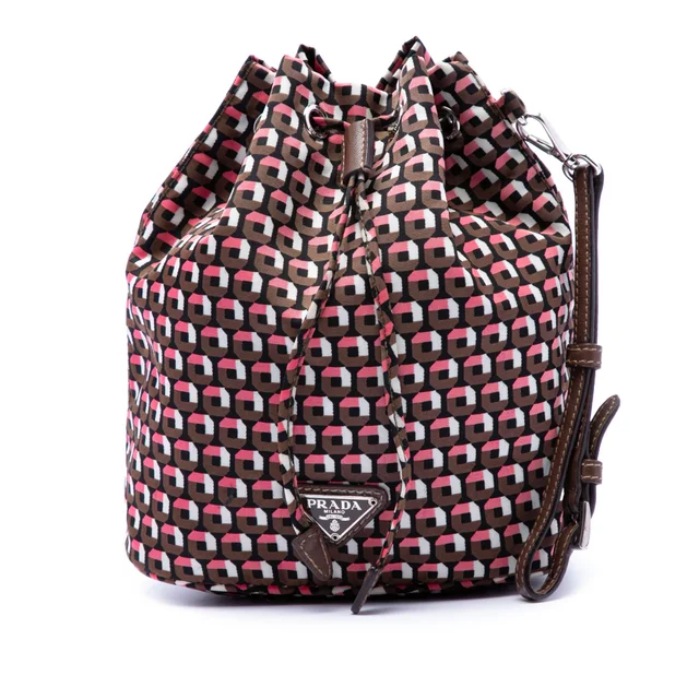 Brown Prada Tessuto Geometric Print Drawstring Pouch in Brown Nylon from Designer Revival
