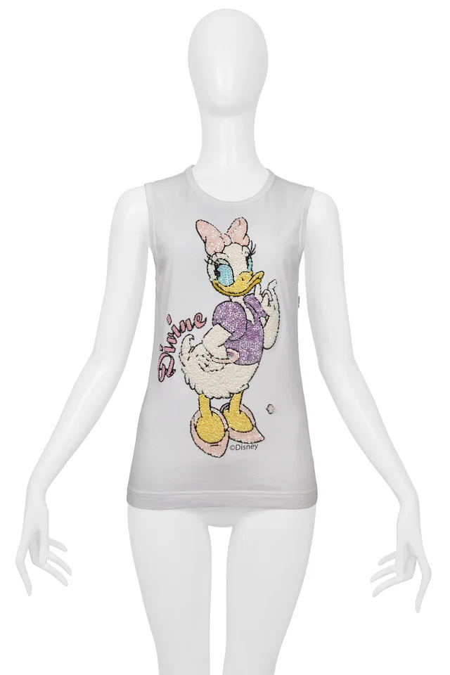 Dolce & Gabbana White "Divine" Tank Top With Sequin Daisy Duck in White from Resurrection Vintage