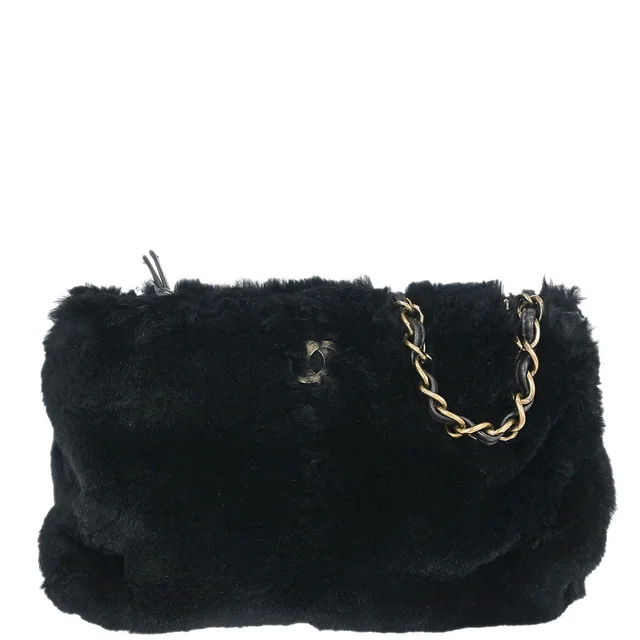 Chanel 2000-2002 Black Rabbit Fur Shoulder Bag in Black from AMORE Vintage Tokyo