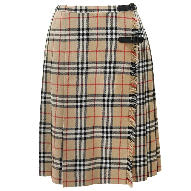 Burberry Wool Belt Design Nova Check Pattern Pleated Skirt #38 Beige/Multi in Beige Wool from VINTAGE QOO TOKYO