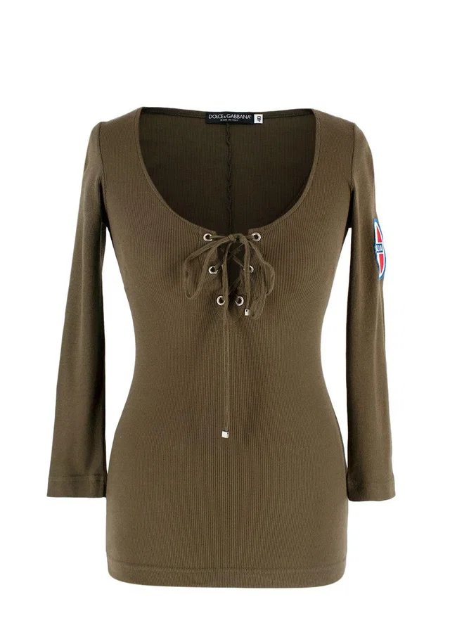 Dolce & Gabbana Khaki Ribbed Lace Up Detail Top in Green from HEWI
