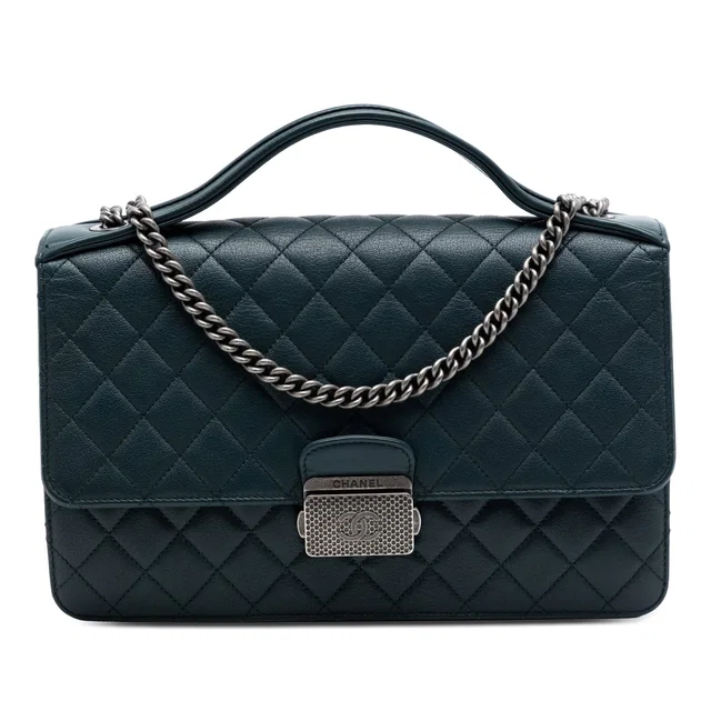 Green Chanel Medium Quilted Goatskin CC University Flap Satchel in Green Goatskin from Designer Revival