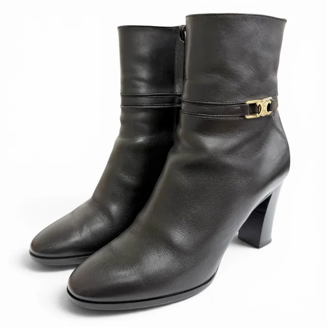 Celine Triomphe Side Zip Leather Ankle Boots Short Black in Black Leather from The Reluxe