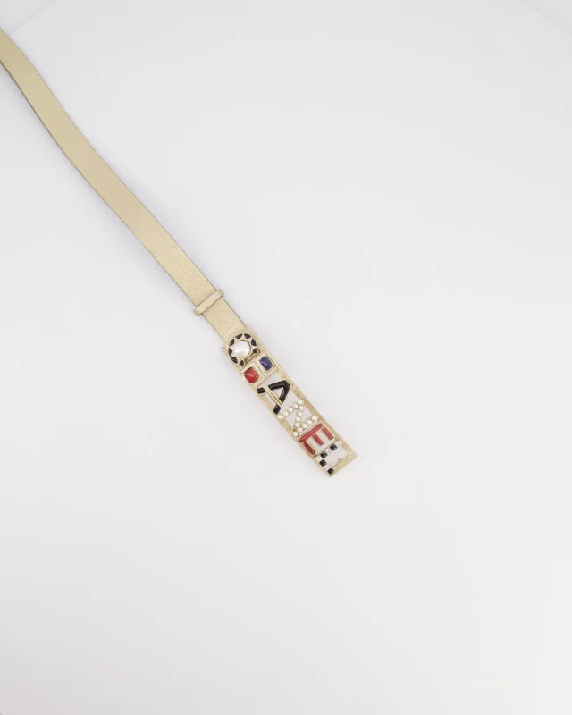 Chanel Metallic Silver Leather Belt with Multi-Coloured Rhinestone Embellished Logo Buckle 75cm in Silver Leather from Sellier, photo 2 of 5
