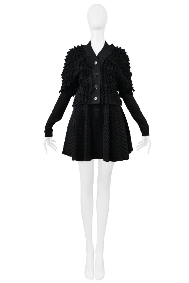 Alaïa Black Knit Ruffle Cardigan And Fan Circle Skirt Ensemble in Black Wool from Resurrection Vintage, photo 3 of 8