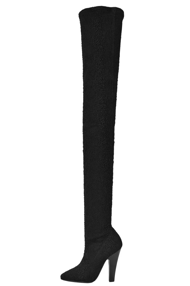 Saint Laurent Black Koller Stretch Cloque Thigh High Sock Boots in Black Python from Resurrection Vintage