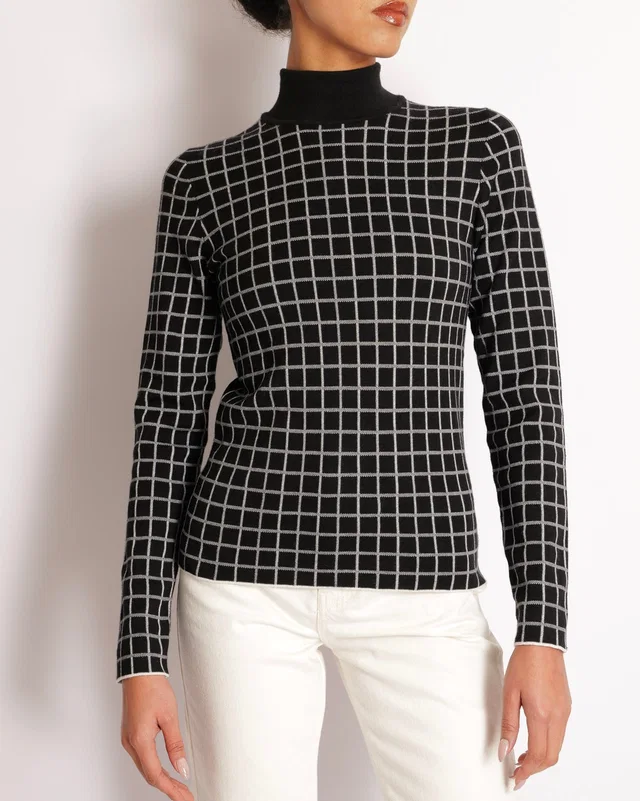 Hermès Black and White Cashmere Checkered High Neck Jumper Size FR 34 (UK 6) in Black Cashmere from Sellier