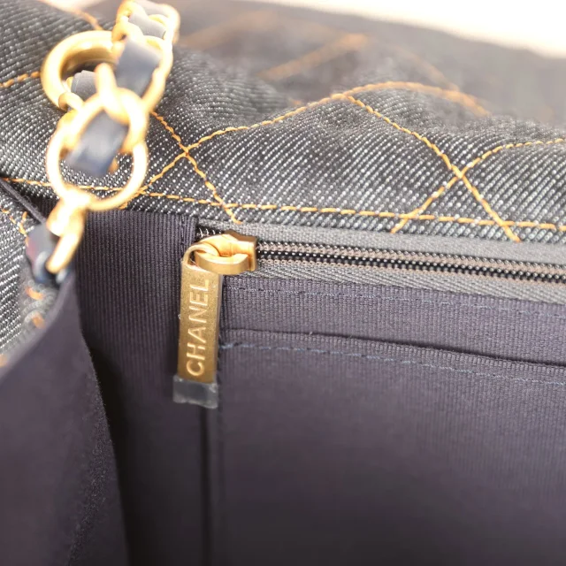 Chanel XXL Classic Single Travel Flap Bag Dark Blue Denim Brushed Gold Hardware in Blue Denim from Madison Avenue Couture, photo 10 of 10