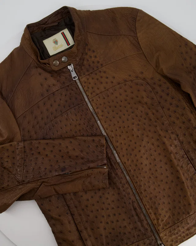 Gucci Vintage Menswear Brown Ostrich Leather Biker Jacket Size IT 48 (UK 38) in Brown Ostrich from Sellier