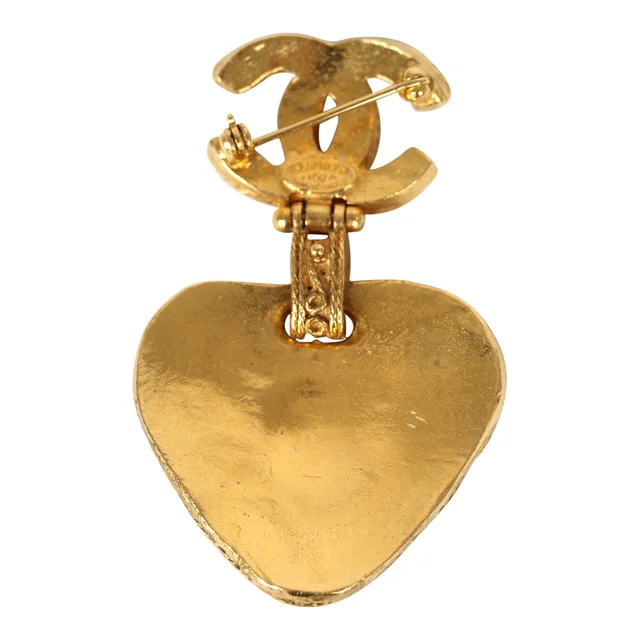 Chanel Vintage CC Dangle Gripoix Heart Brooch Green Gold Plated Hardware in Green from Madison Avenue Couture, photo 2 of 2