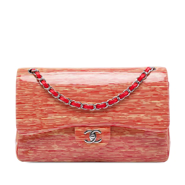 Orange Chanel Jumbo Classic Patent Striped Double Flap Shoulder Bag in Orange Patent leather from Designer Revival