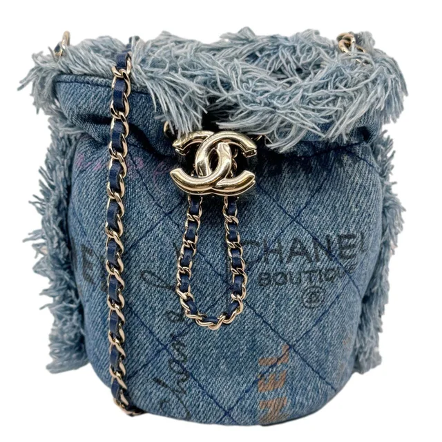 Chanel Mood Mini Quilted Denim Bucket Bag Blue in Blue Denim from Dallas Designer Handbags