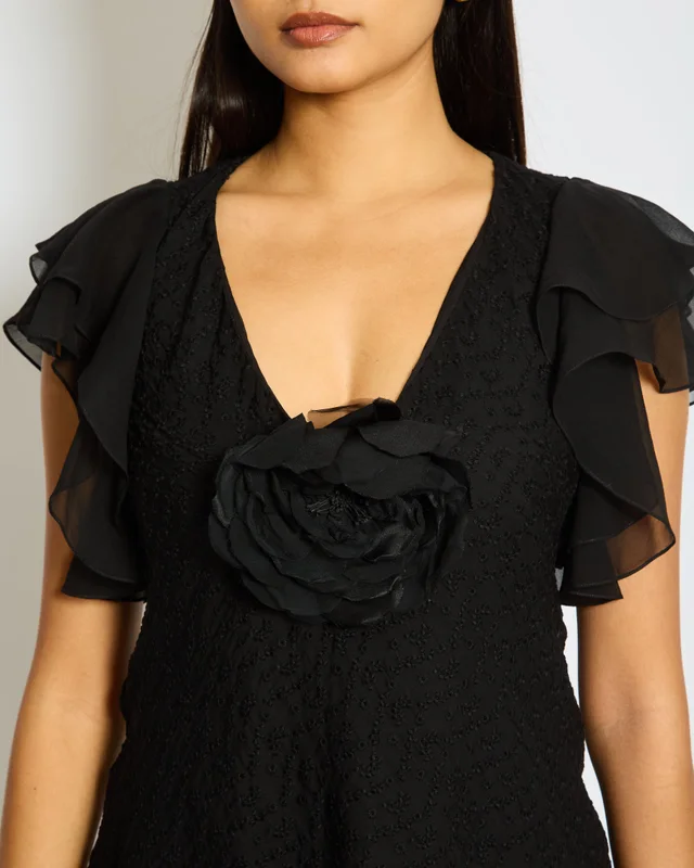 Saint Laurent Black Floral Embroidered Mini Dress with Silk Ruffled Sleeve Detail and Flower FR 34 (UK 6) in Black Silk from Sellier, photo 2 of 2
