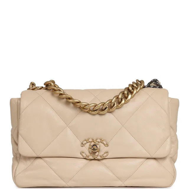 Chanel Large 19 Flap Bag Beige Shiny Lambskin Mixed Metal Hardware in Beige Lambskin from Madison Avenue Couture