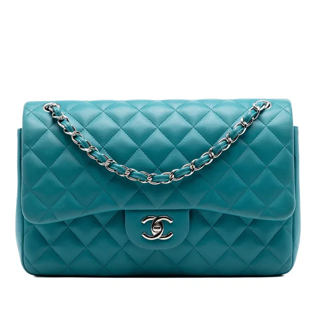 Blue Chanel Jumbo Classic Lambskin Double Flap Shoulder Bag in Blue Lambskin from Designer Revival