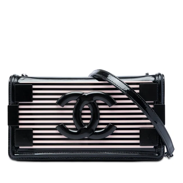 Pink Chanel Patent and Acrylic Striped Boy Brick Horizontal Flap Crossbody Bag in Pink Patent leather from Designer Revival