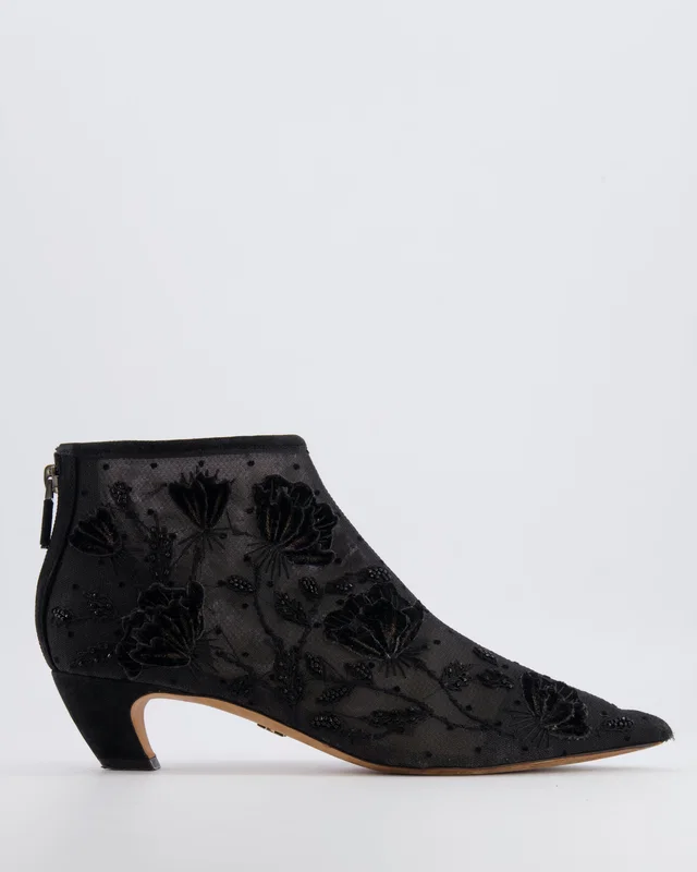 Dior Black Mesh Pointed Kitten Heeled Ankle Boots with Velours and Beaded Floral Embroideries Size… in Black from Sellier
