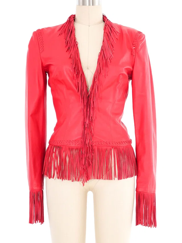 2002 Gianni Versace Fringed Red Leather Jacket in Red Leather from Arcade Vintage