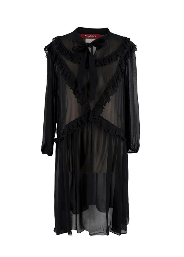 Max Mara Black Sheer Ruffled Silk Midi Dress in Black Silk from HEWI