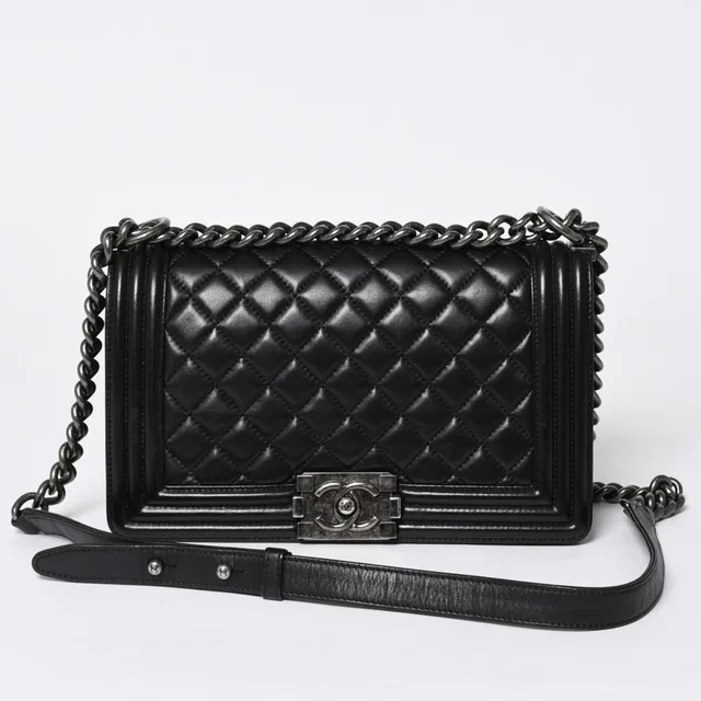 Chanel Boy Chain Shoulder Bag Lambskin CC Logo Black Silver in Black Lambskin from The Reluxe