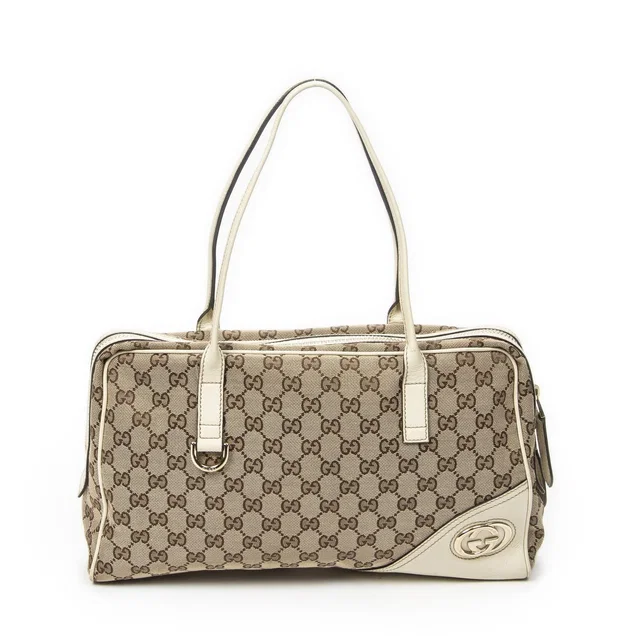 Gucci Britt Satchel Beige Ivory GG Canvas in White Canvas from The Reluxe