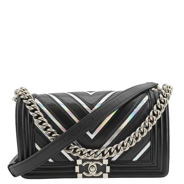 Chanel Boy Flap Chevron Leather with Holographic PVC Crossbody Bag Black in Black Leather from Dallas Designer Handbags