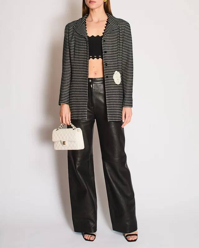 Chanel 2001 Cruise Collection Vintage Black & White Striped Jacket with Camelia Embellishment Size FR… in Black Wool from Sellier