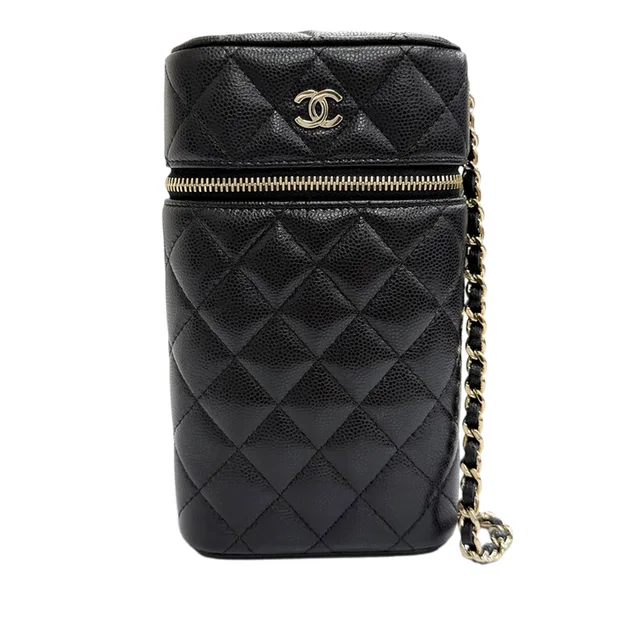 Black Chanel CC Quilted Caviar Phone Holder With Chain Crossbody Bag in Black Caviar leather from Designer Revival