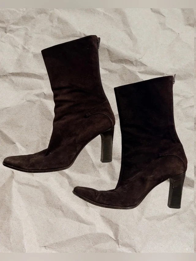 Celine Vintage Chocolate Brown Suede Heeled Boots 39 Made In Italy Y2k in black Suede from Poshmark