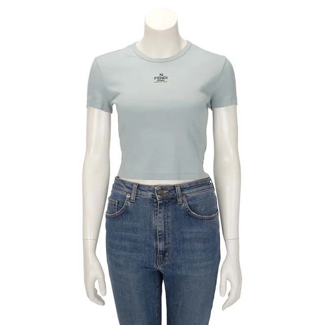 Fendi Ribbed Cotton Logo Tee M in Blue from Blue Spinach