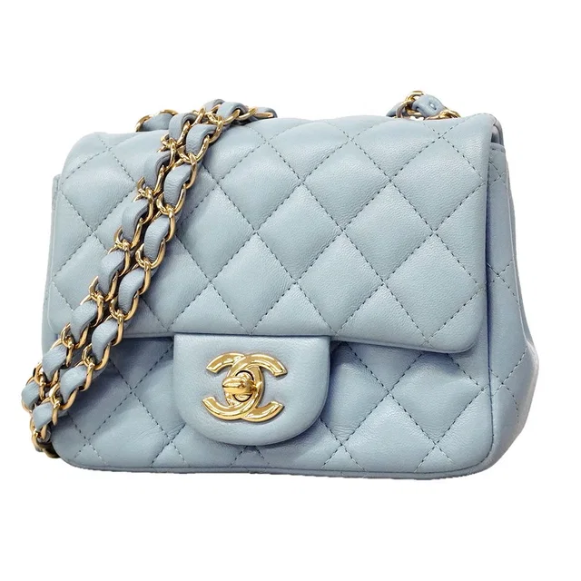 Chanel Shoulder Bag Mini Quilted Lambskin Light Blue Champagne Gold in Blue Lambskin from The Reluxe